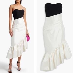 RASARIO Ruffled Silk Crepe Corset Strapless Two Tone Asymmetric Midi Dress Sz 8